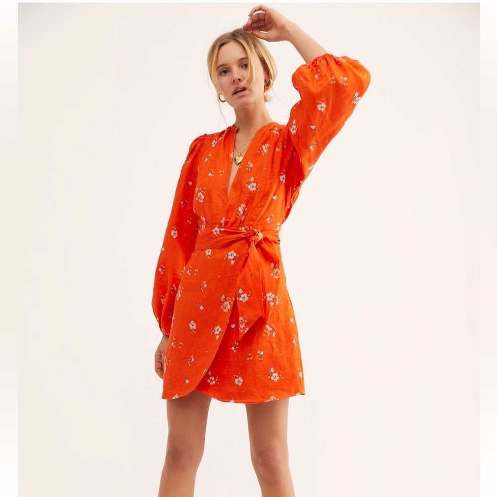 Free People FP Puff Sleeve Mini Floral Orange Wrap Dress Size 8